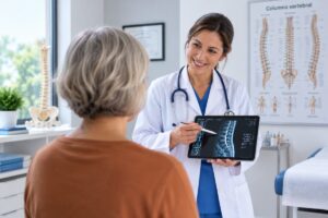 Médica mostrando imagen de columna en tablet a paciente, tendencias en tecnología de salud