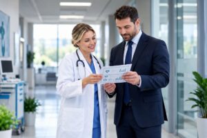 Médico y ejecutivo revisando certificaciones y reporte de equipo médico