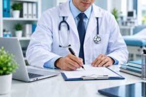 Médico revisando reporte de ventas y metas del semestre