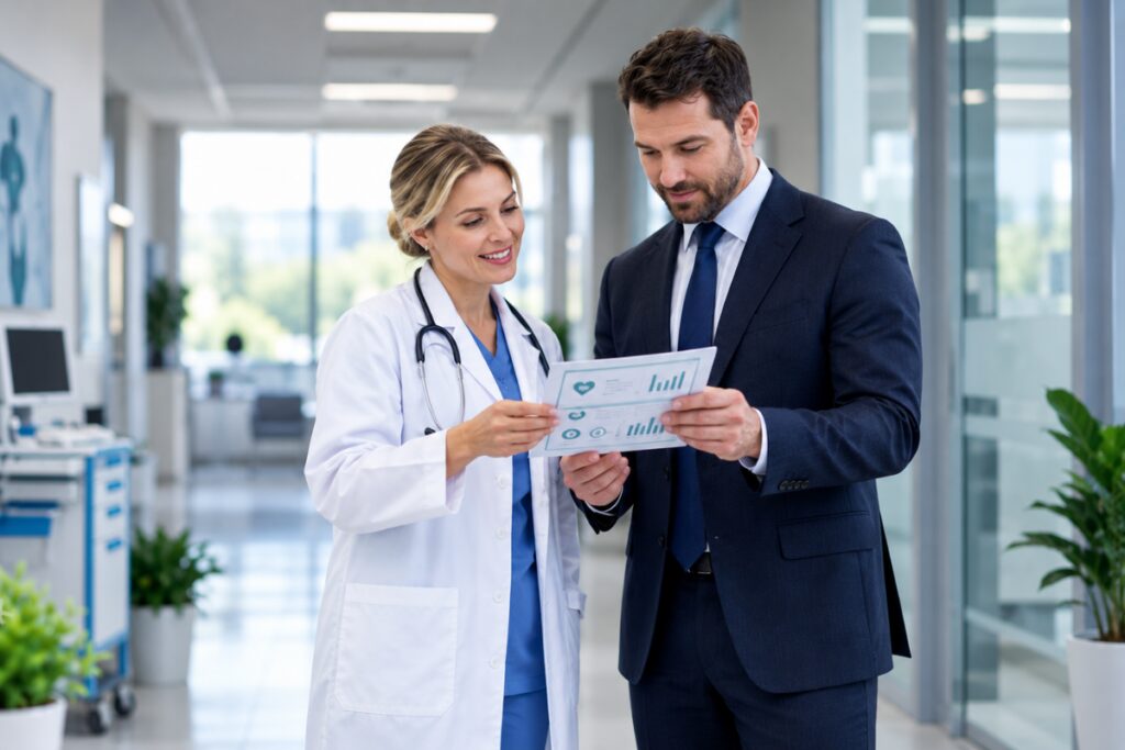 Médico y ejecutivo revisando certificaciones y reporte de equipo médico