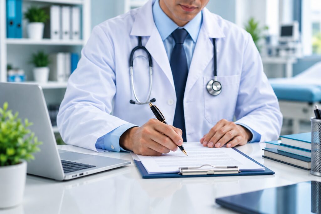 Médico revisando y firmando documentos en su consultorio